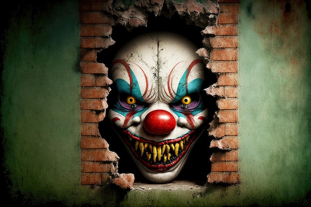 Inquietante faccia da clown mostro che fa capolino da dietro il muro