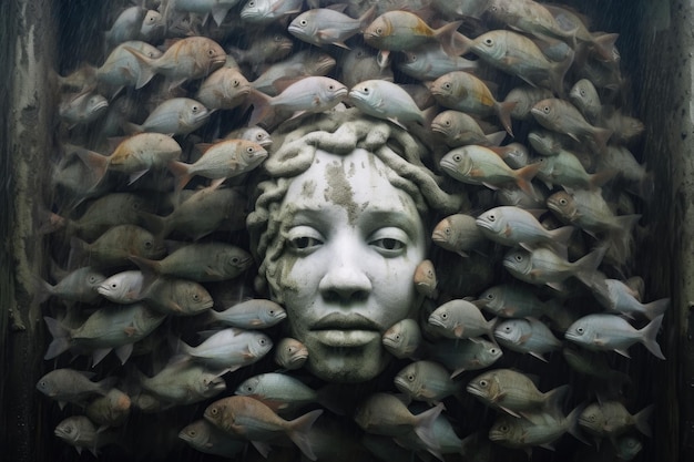 Inquietante faccia di pietra circondata da banchi di pesci creati con l'IA generativa