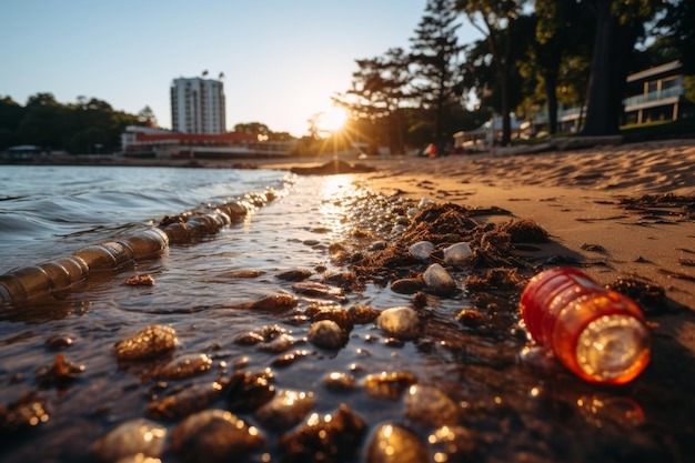 Inquinamento ambientale rifiuti gettati sulla spiaggia dalla tempesta creando una spiaggia disordinata