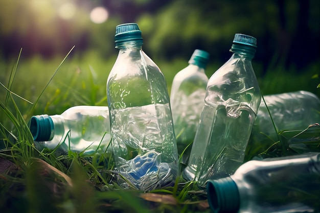 Inquinamento bottiglie di natura in plastica sull'erba illustrazione IA generativa