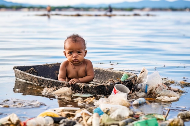 Inquinamento da plastica Fare il bagno ai bambini tra i rifiuti oceanici