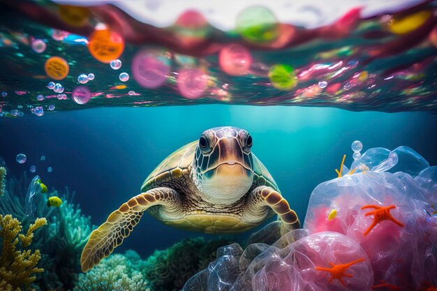 Inquinamento da plastica nel problema ambientale dell'oceano Piccola tartaruga carina immersa nell'acqua mangia sacchetti di plastica scambiandoli per meduse con colorate barriere coralline Generato dall'IA