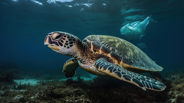 Inquinamento da plastica nell'oceano Tartaruga da nuoto Sacchetto di plastica Problema ambientale generativo ai