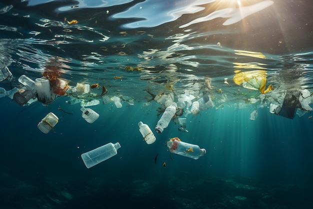 Inquinamento da rifiuti di plastica nella vista subacquea dell'ambiente oceanico