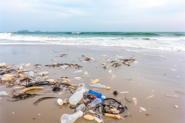 Inquinamento degli oceani con rifiuti di plastica Spiaggia del mare con rifiuti ecologici Giornata nazionale della plastica pulita