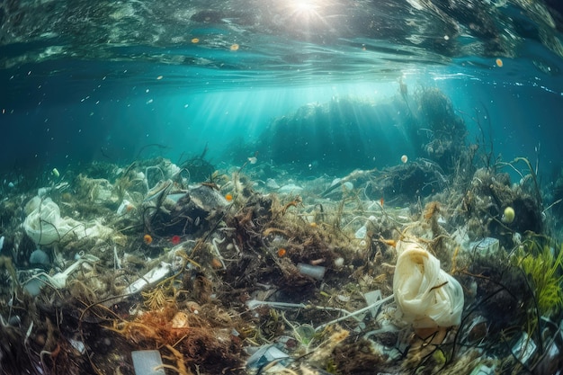 Inquinamento del fondale oceanico pieno di rifiuti e rifiuti di plastica IA generatrice