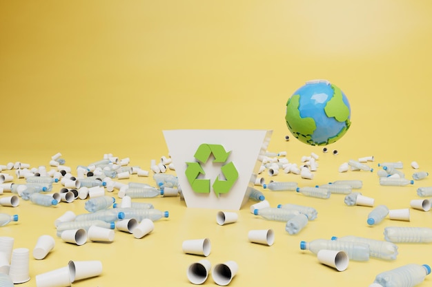 Inquinamento del pianeta con raccolta differenziata e riciclaggio di rendering 3d di plastica