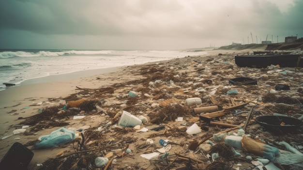 Inquinamento della spiaggia Bottiglie di plastica e altri rifiuti sulla spiaggia del mare Concetto ecologico AI generato