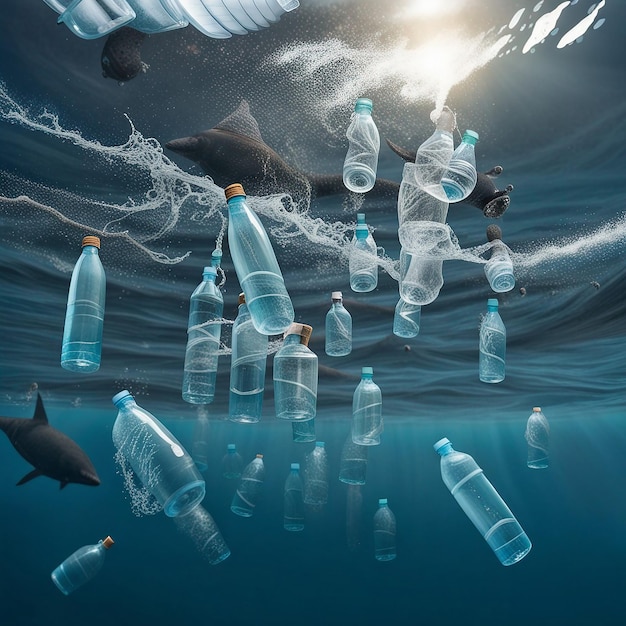 Inquinamento delle bottiglie d'acqua in plastica nell'oceano Concetto di ambiente