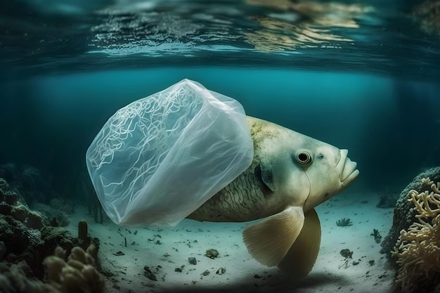 Inquinamento di pesce e plastica Problema ambientale la plastica contamina i frutti di mare Rete neurale generata dall'intelligenza artificiale