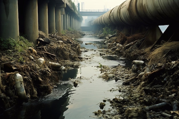 Inquinamento idrico Svuotamento di acque reflue da un tubo in un fiume Inquinamento fluviale ed ecologia