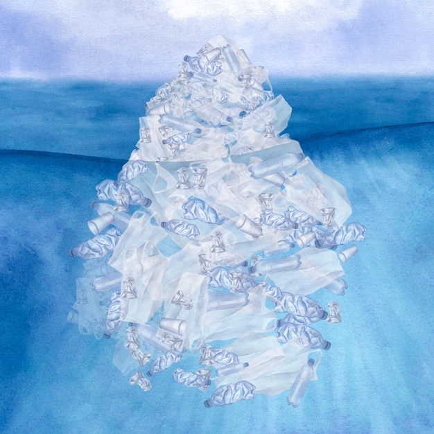 Inquinamento marino dell'oceano di plastica dell'iceberg Illustrazione ecologica dell'acquerello Sfondo subacqueo