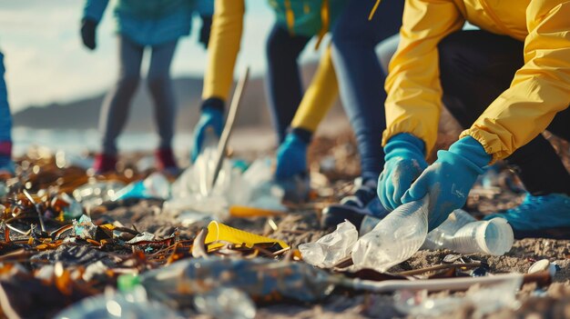 Inquinamento plastico degli oceani Le persone puliscono il mare dalle bottiglie di inquinamento