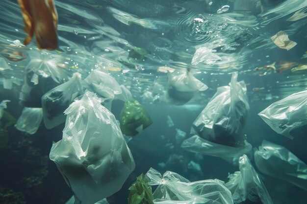 Inquinamento plastico degli oceani Sacchetti sottomarini bottiglie bicchieri cannucce