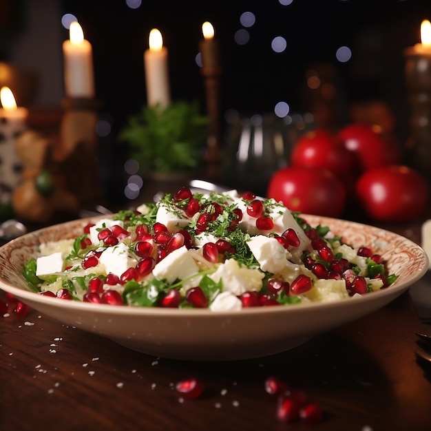 Insalata a tema natalizio con semi di melograno e formaggio feta