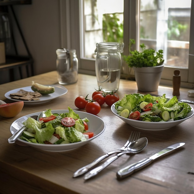 Insalata appena tagliata sul bancone della cucina con piatti bianchi e posate Generative Ai