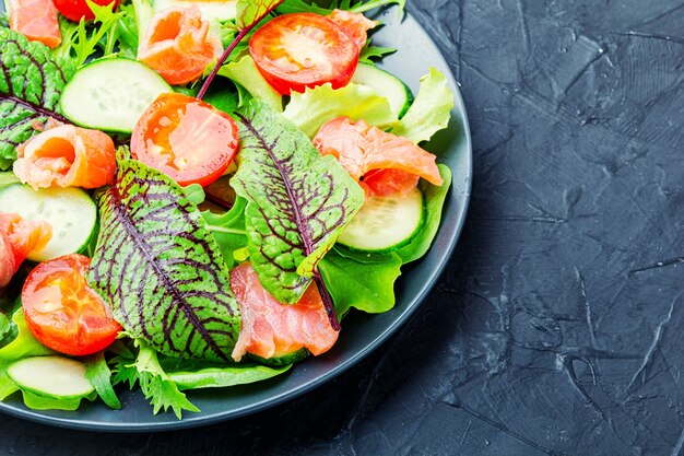 Insalata appetitosa con salmone, verdure ed erbe aromatiche.