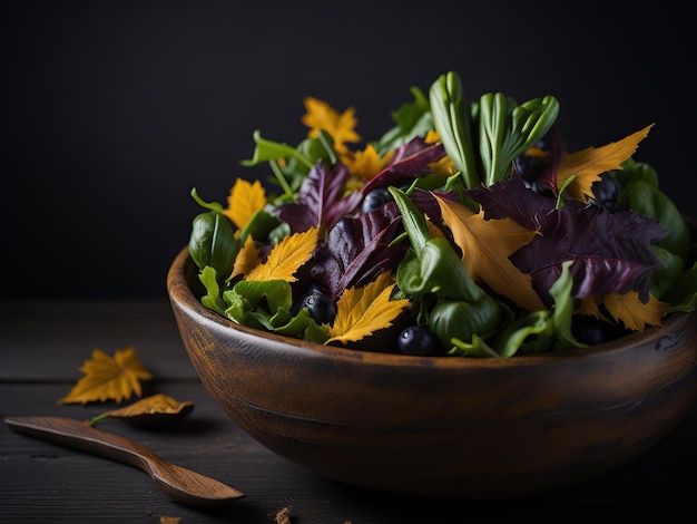 Insalata autunnale sana in una ciotola di legno rustica generata dall'intelligenza artificiale