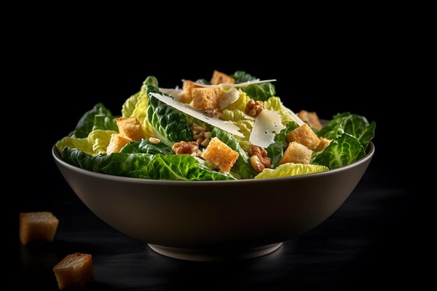 Insalata Caesar con crostini di pollo alla griglia uova di quaglia e pomodorini su tavola rustica in legno Rete neurale AI generata