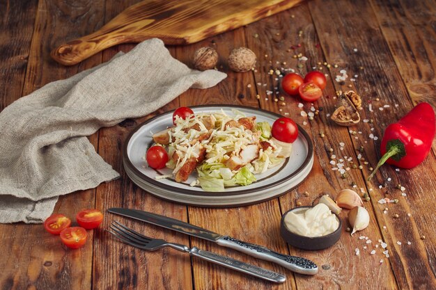 Insalata Caesar con pollo in un piatto bianco sulla tavola di legno