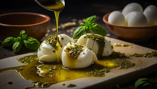 Insalata Caprese con Mozzarella A Fette Pomodori Maturi E Olio D'Oliva Irrorato Ai Generati