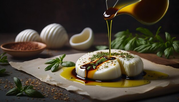 Insalata Caprese con Mozzarella A Fette Pomodori Maturi E Olio D'Oliva Irrorato Ai Generati