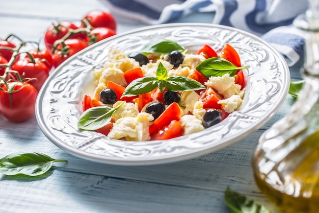 Insalata caprese con mozzarella pomodoro fresco olive e foglie di basilico. Pasto sano italiano o mediterraneo.