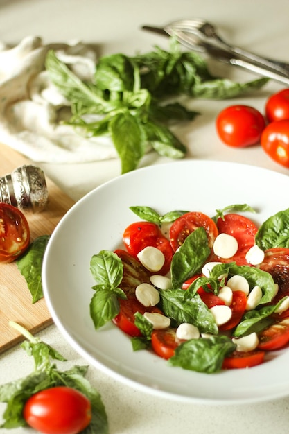 Insalata caprese di verdure fresche, mozzarella e basilico in un piatto bianco