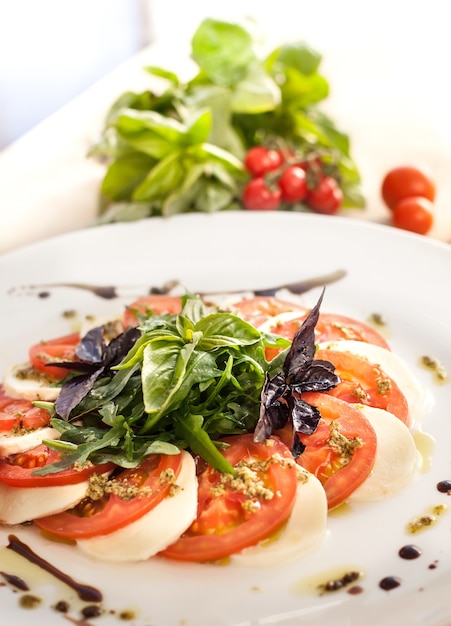 Insalata caprese fresca deliziosa su un piatto bianco