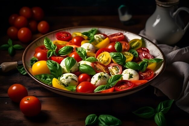 Insalata caprese italiana con pomodori a fette mozzarella basilico e olio d'oliva Rete neurale AI generata