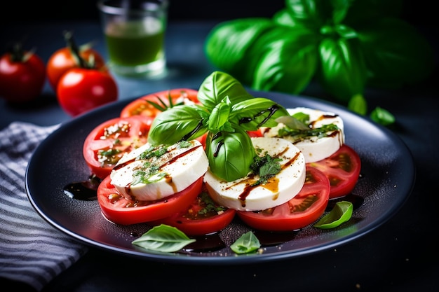 Insalata caprese italiana con pomodori maturi, pesto, noci, basilico e formaggio mozzarella in grigio