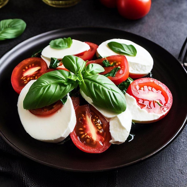 Insalata caprese su piatto nero