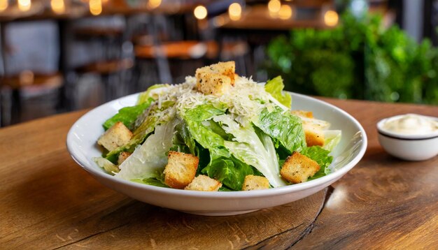 insalata cesare fresca con lattuga crouton formaggio parmigiano piccola ciotola con salsa