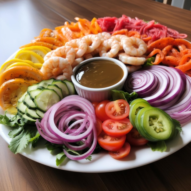 Insalata colorata con verdure di gamberetti e condimento