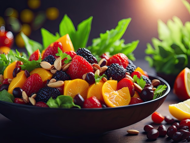 Insalata con frutta colorata e noci vista dall'alto ai generativa