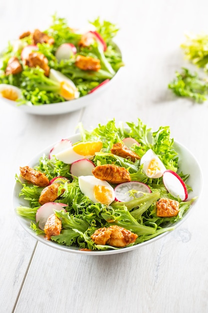 Insalata con ingredienti misti pezzi di petto di pollo uovo ravanello e olio d'oliva.