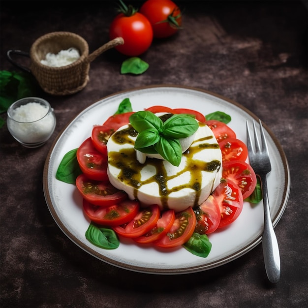 Insalata con mozzarella e fette di pomodoro con basilico