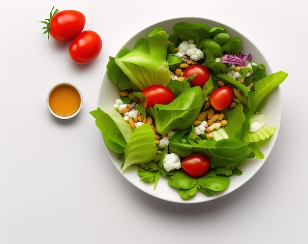 insalata con noci di verdure fresche e insalata verde su sfondo bianco vista dall'alto