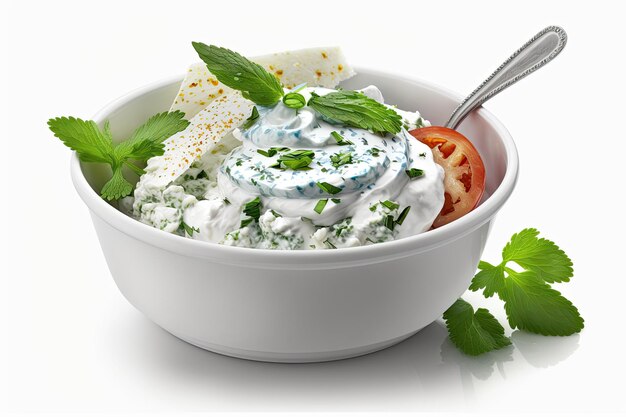 Insalata con panna acida o salsa allo yogurt greco tzatziki su sfondo bianco