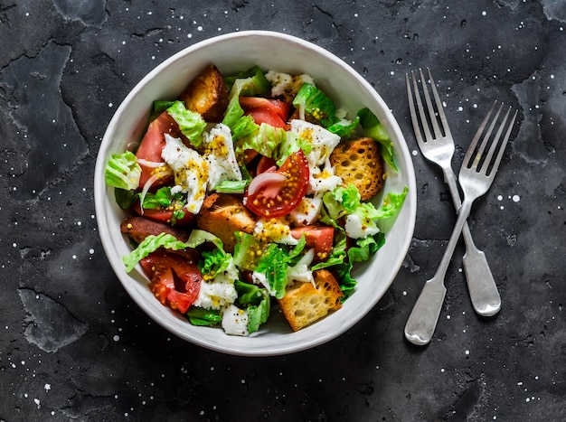 Insalata con pomodori freschi ciabatta pane croccante mozzarella insalata verde con olio d'oliva