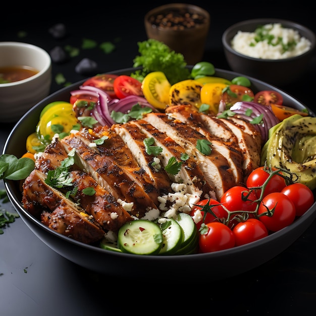 Insalata con proteine di pollo senza sfondo dietro