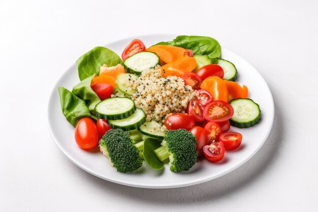 Insalata con quinoa, spinaci, broccoli, pomodori, cetrioli e carote