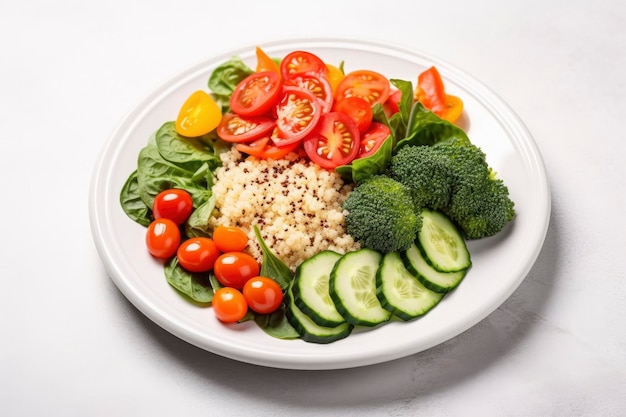 Insalata con quinoa, spinaci, broccoli, pomodori, cetrioli e carote