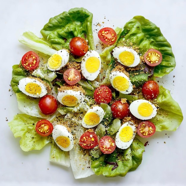 insalata con uova di quaglia, ciliegio, pomodori, lattuga e briciole di pane