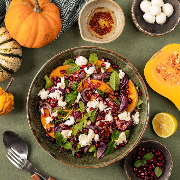 Insalata d'autunno di zucca al forno chorizo e mozzarella Il concetto di alimentazione sana