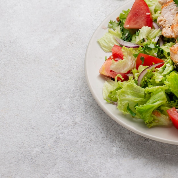 Insalata di angolo alto con pollo, pomodori e copia-spazio