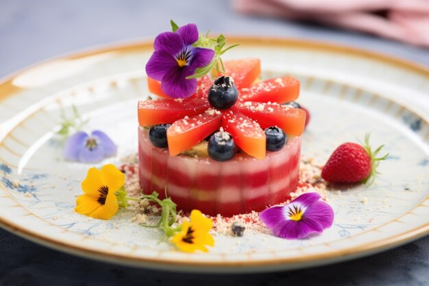 Insalata di anguria guarnita con fiori commestibili su un piatto di ceramica bianca