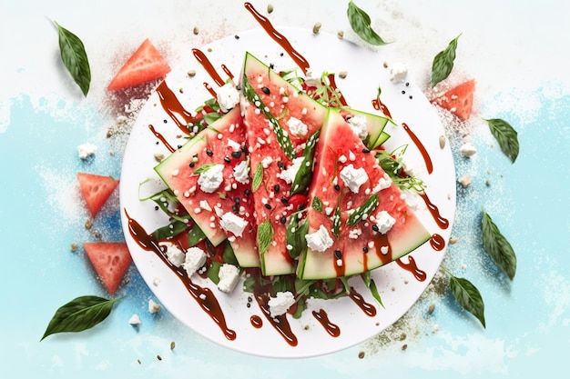 Insalata di anguria vista dall'alto con rucola e formaggio feta