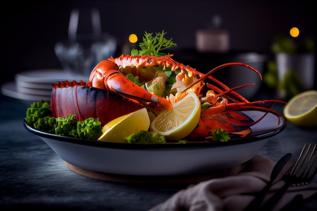 Insalata di aragosta con limone e prezzemolo su sfondo nero IA generativa