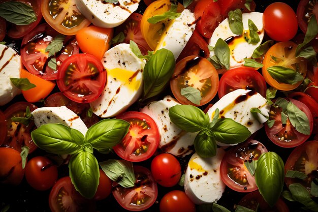 Insalata di caprese con pomodori, mozzarella, basilico e aceto balsamico